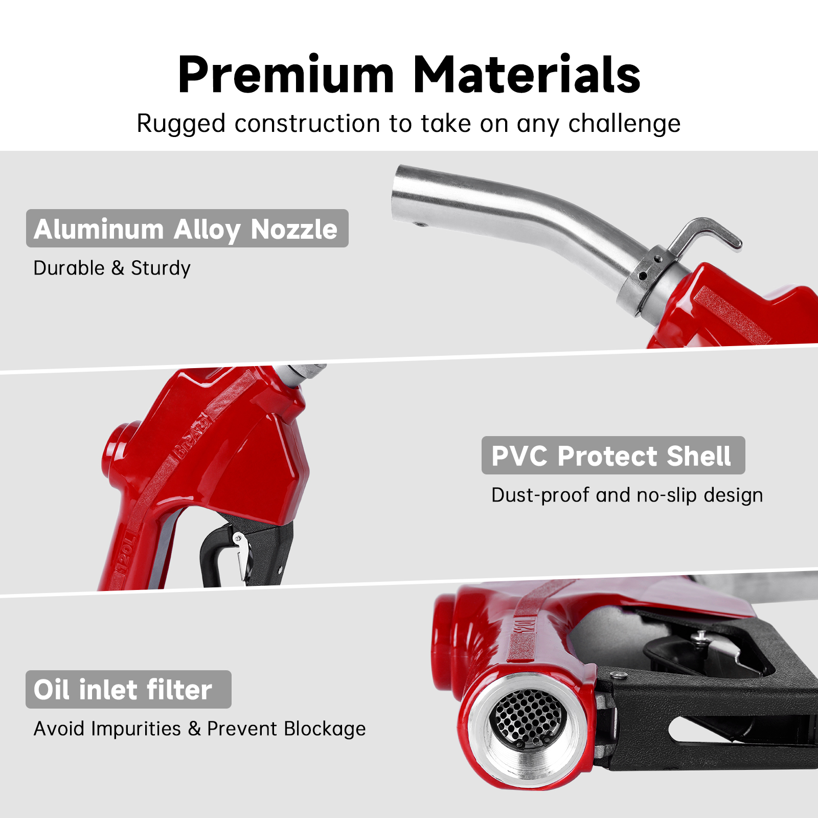 BreAro red automatic fuel nozzle highlighting its durable aluminum alloy spout, protective PVC housing and built-in fuel inlet strainer designed to help filter debris and reduce clogging.