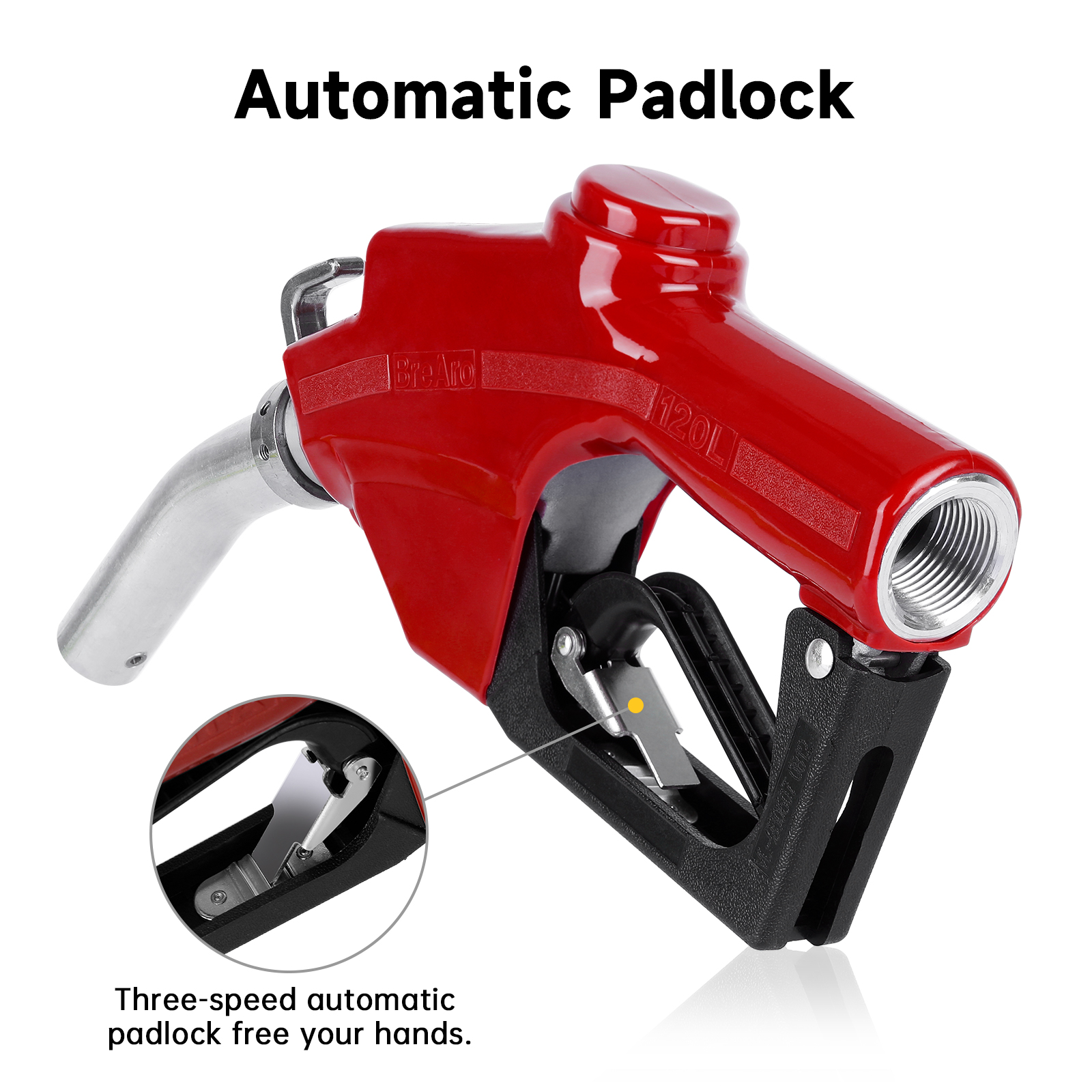 Close-up of a red BreAro automatic fuel nozzle with a three-position hold-open clip, allowing hands-free fueling at low, medium or high flow settings.