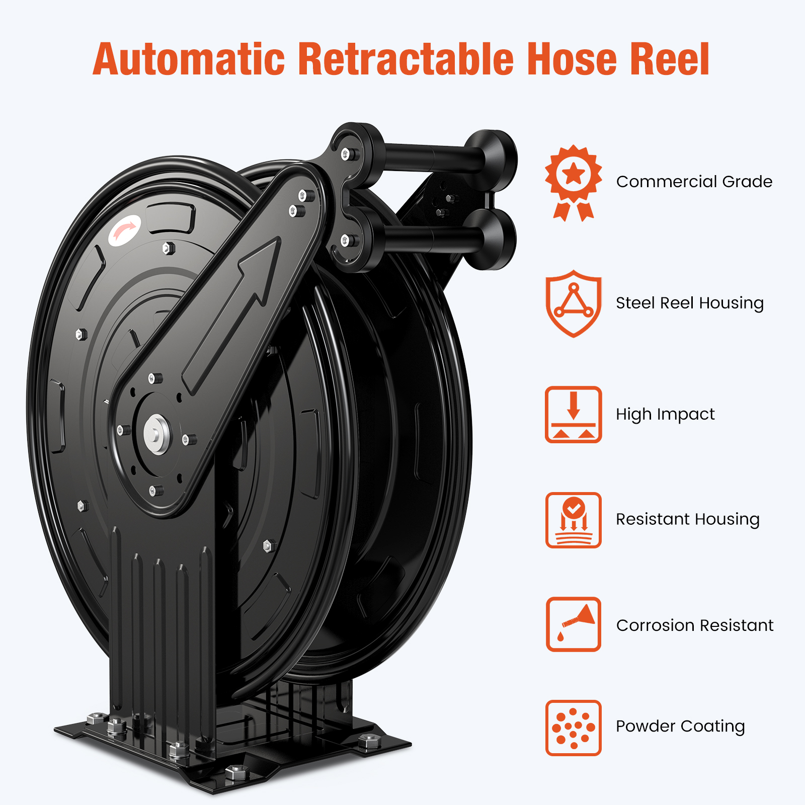 Automatic retractable hose reel with commercial-grade steel housing, high-impact resistance, corrosion-resistant powder coating, and durable design for long-lasting performance in tough environments.