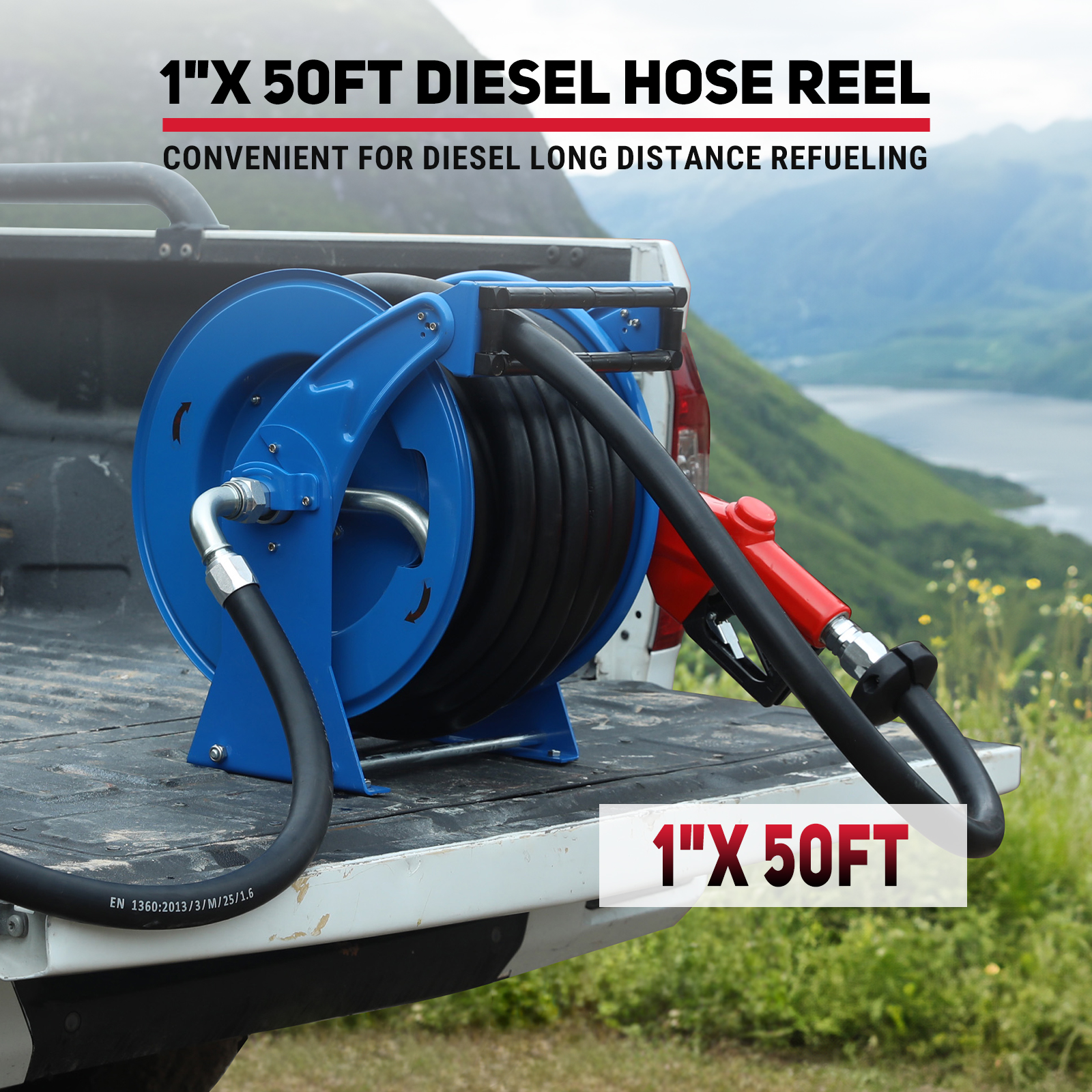 BreAro 1" x 50' blue diesel fuel hose reel with automatic fueling nozzle, mounted on a truck for long-distance fueling in a rugged outdoor setting. Ideal for diesel transfer in agricultural and industrial applications.