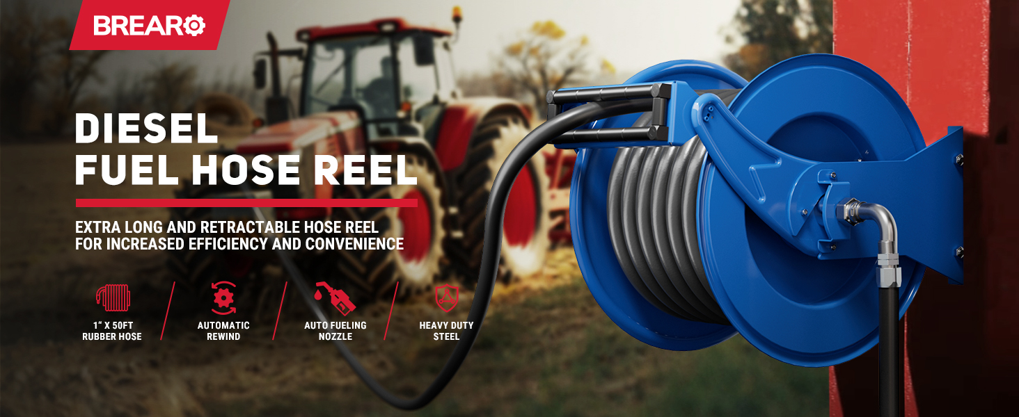 BreAro blue 1" x 50' diesel fuel hose reel with automatic rewind and heavy-duty steel construction, designed for efficient and long-distance fueling in industrial and agricultural applications.