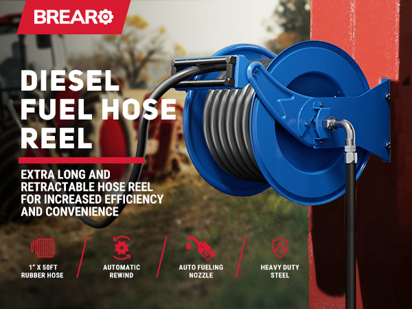 BreAro blue 1" x 50' diesel fuel hose reel with automatic rewind and heavy-duty steel construction, designed for efficient and long-distance fueling in industrial and agricultural applications.