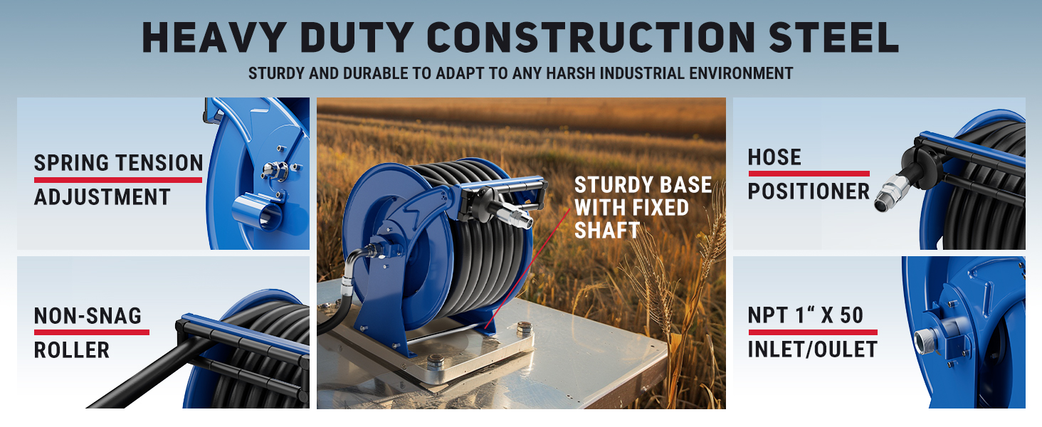 BreAro blue fuel hose reel with spring tension adjustment, non-snag roller, sturdy base with fixed shaft, and 1" x 50' hose. Ideal for industrial and heavy-duty fueling applications.