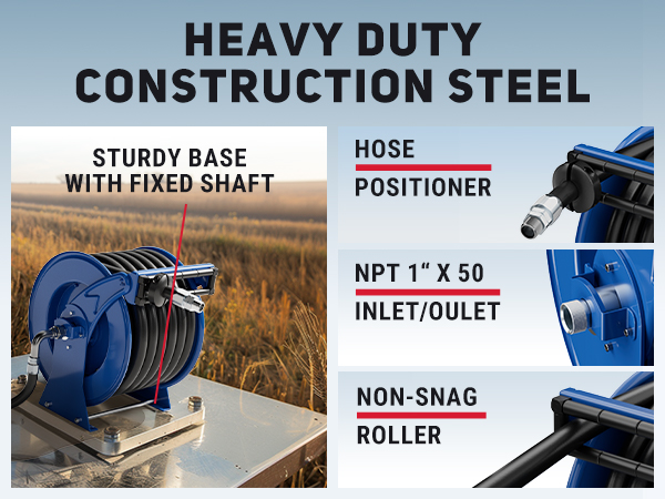 BreAro blue fuel hose reel with spring tension adjustment, non-snag roller, sturdy base with fixed shaft, and 1" x 50' hose. Ideal for industrial and heavy-duty fueling applications.