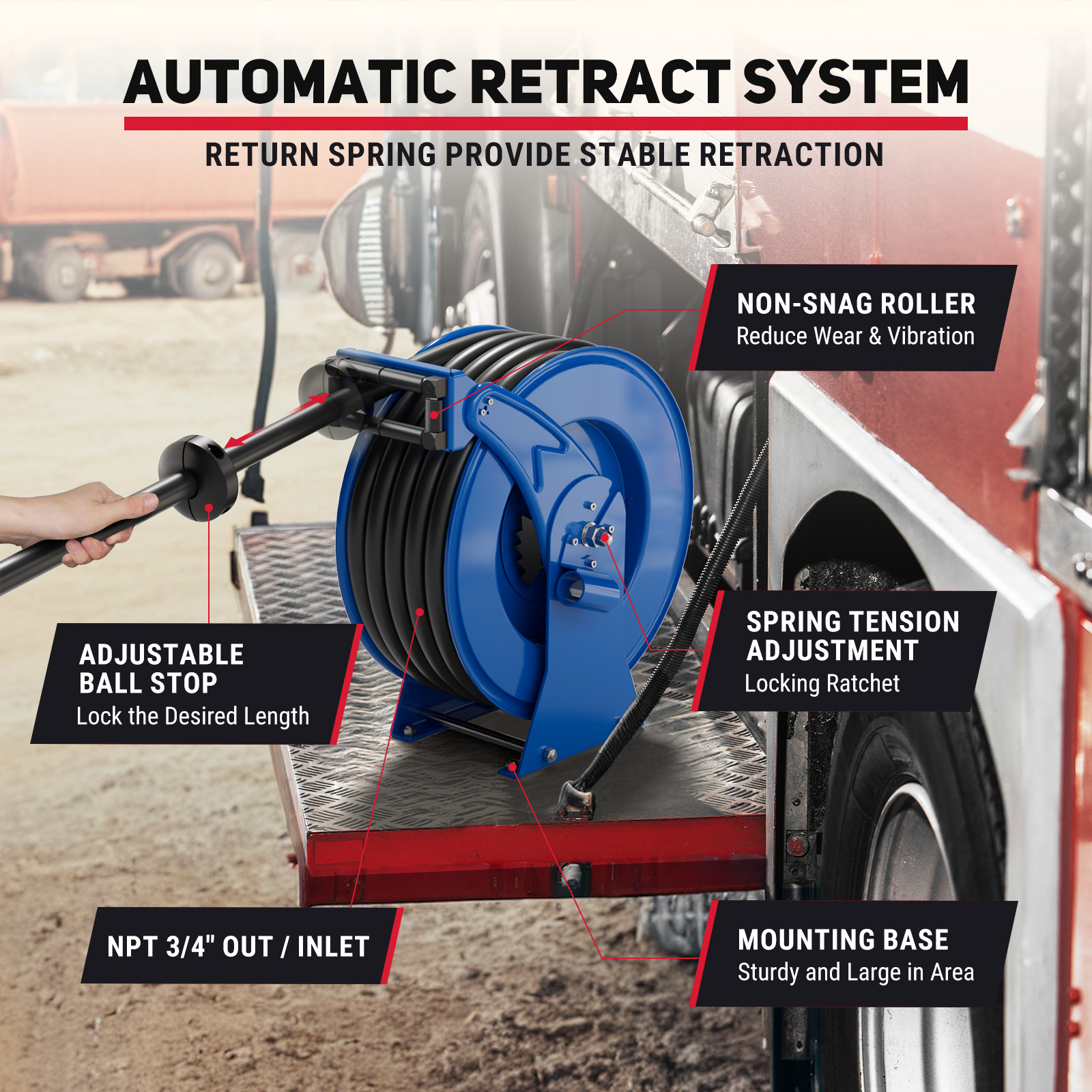 BreAro blue 3/4" fuel hose reel showing automatic retract system with adjustable ball stop, non-snag roller, spring tension control, NPT 3/4" inlet/outlet, and sturdy base for stable diesel refueling.