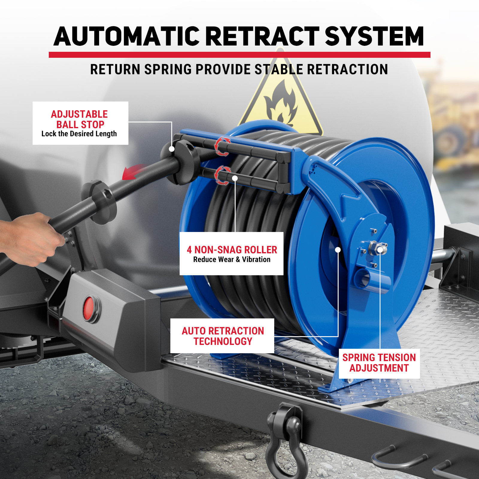 BreAro blue 1" x 50' retractable fuel hose reel with automatic retraction system, adjustable ball stop, 4 non-snag rollers, and spring tension adjustment, shown in industrial setting for diesel and kerosene fueling.
