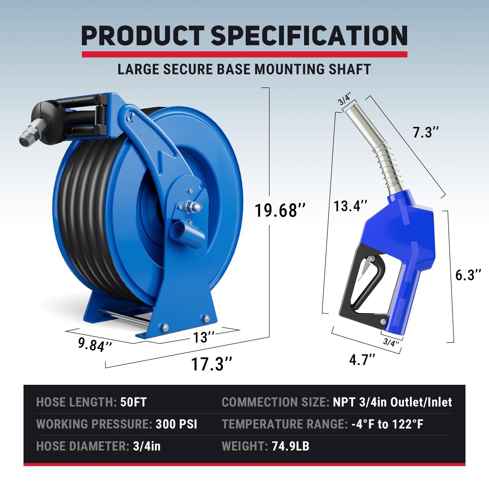Technical specifications of BreAro blue 3/4" x 50ft fuel hose reel showing dimensions, pressure rating, temperature range, hose diameter, and nozzle size for diesel and kerosene industrial applications.