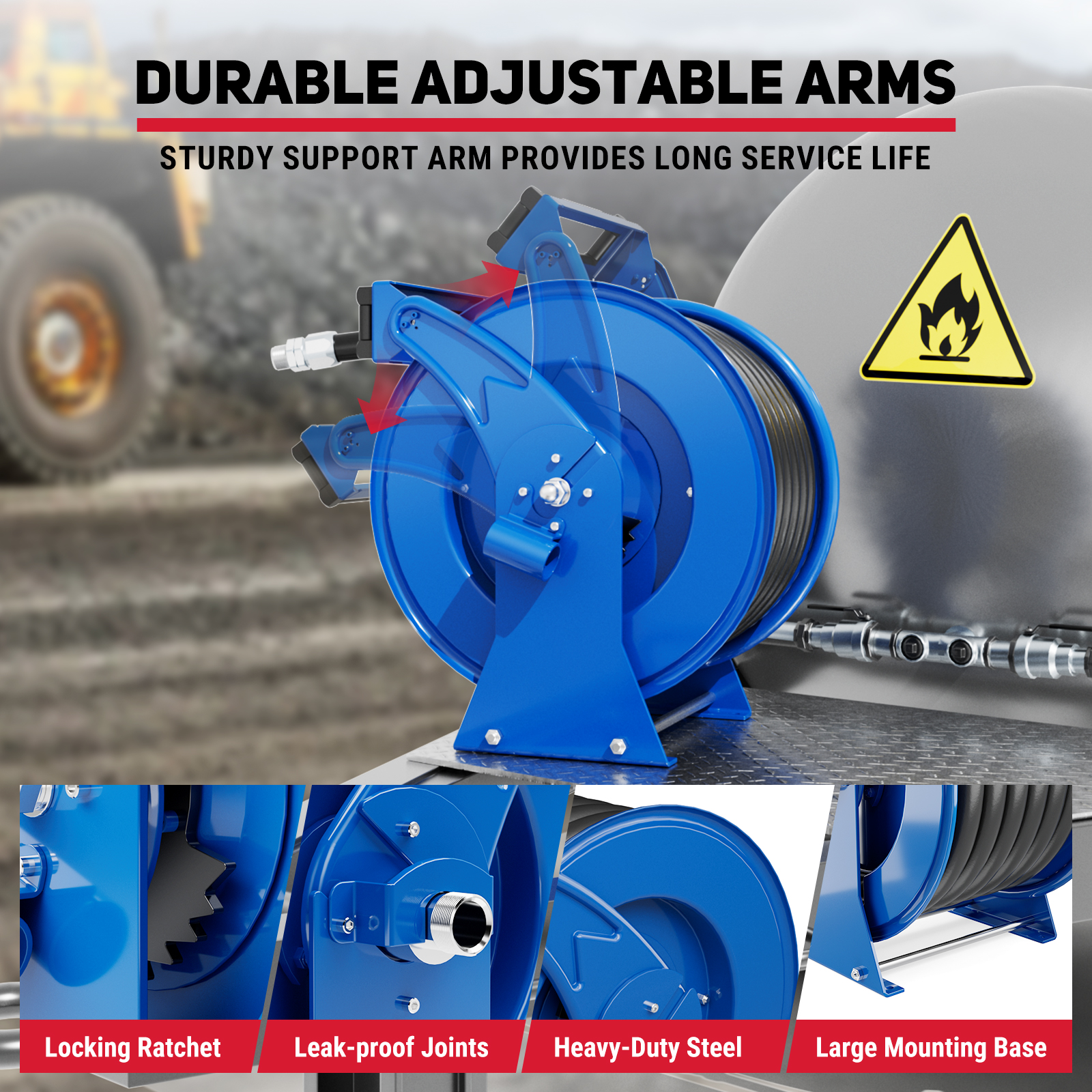 BreAro blue 1" x 50' fuel hose reel with durable adjustable arms, locking ratchet, leak-proof joints, and heavy-duty steel frame, mounted on a truck for industrial fueling in harsh environments.