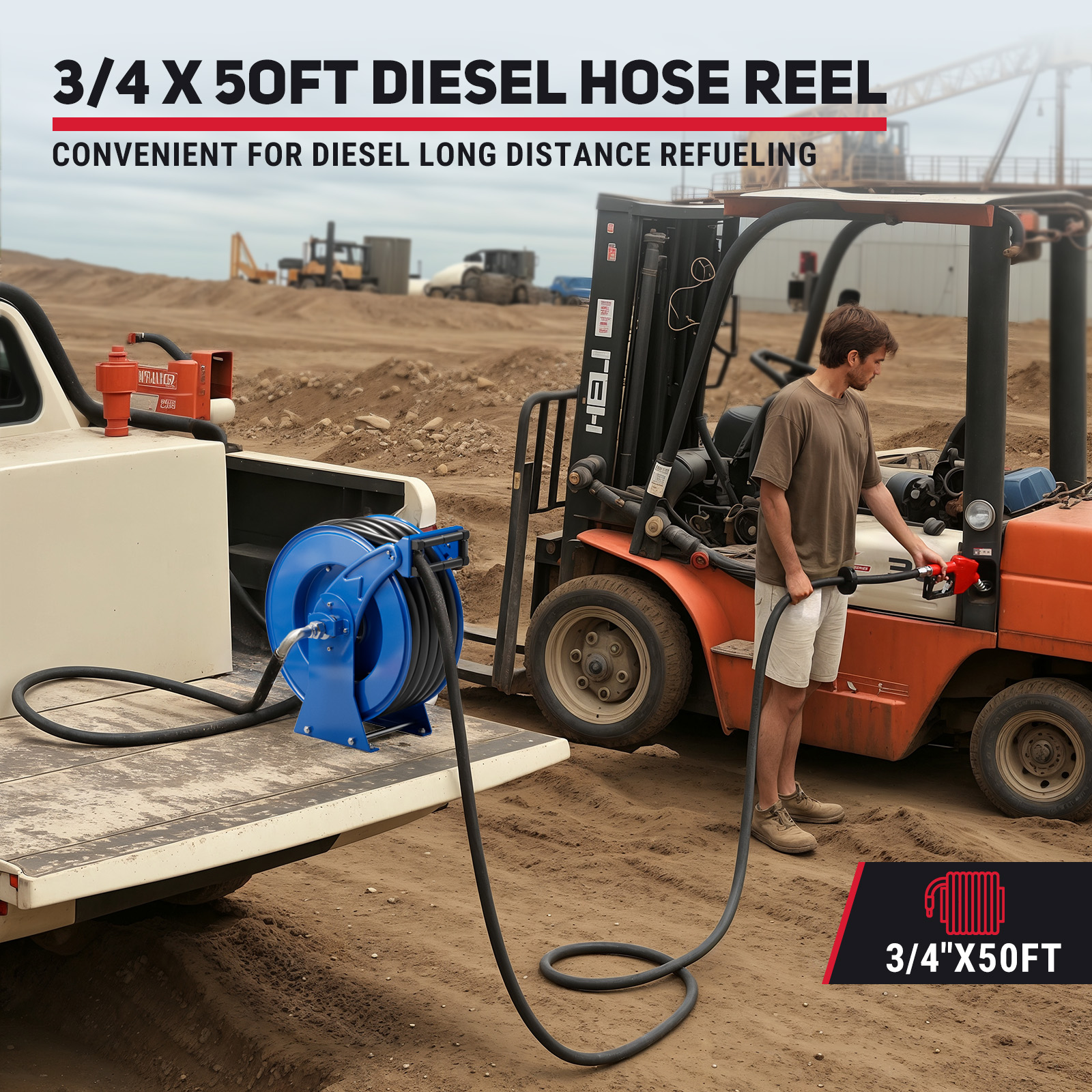 BreAro blue 3/4" x 50ft fuel hose reel mounted on truck used for refueling a forklift at a construction site. Ideal for diesel long-distance fueling in industrial and field service environments.