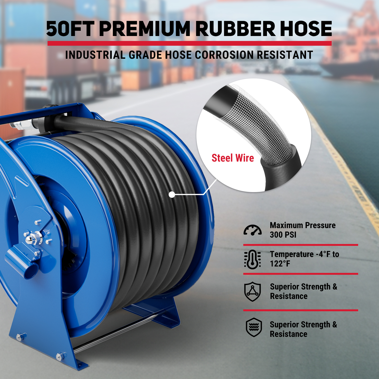BreAro blue 50ft premium rubber fuel hose with steel wire reinforcement, designed for industrial use. Supports up to 300 PSI, operates from -4°F to 122°F, and provides superior strength and resistance for diesel and kerosene fueling.