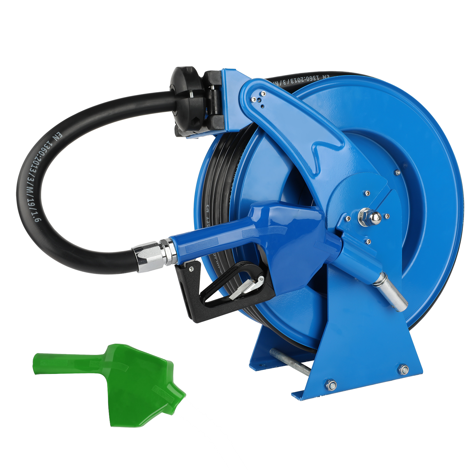 Blue BreAro 3/4 inch x 50ft fuel hose reel with attached automatic diesel fueling nozzle, spring-driven retraction, and NBR hose for kerosene and diesel fueling in industrial environments.