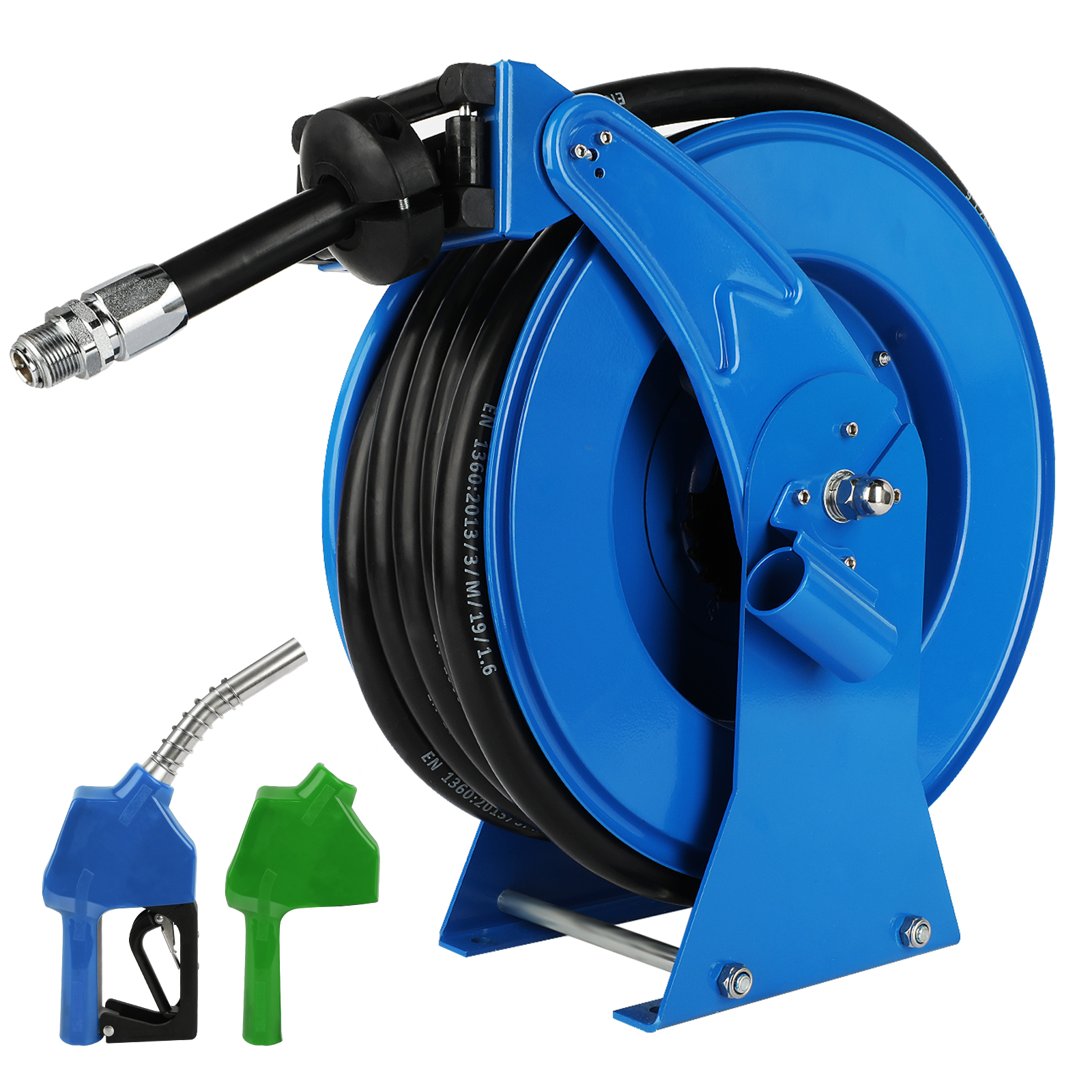BreAro blue 3/4 inch x 50ft retractable fuel hose reel with auto-retracting spring, NBR hose, and diesel fueling nozzle for industrial diesel and kerosene applications.