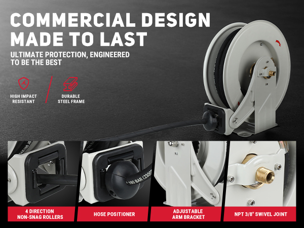 BreAro commercial-grade 3/8" x 50' oil hose reel with high-impact resistant steel frame, 4-direction non-snag rollers, adjustable arm bracket, and NPT 3/8" swivel joint. Designed for durability and ease of use in industrial applications.