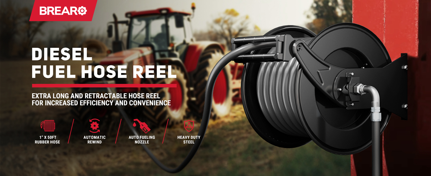 BreAro Diesel Fuel Hose Reel with a 1" x 50ft rubber hose for diesel fueling. Features automatic rewind, auto fueling nozzle, and heavy-duty steel construction. Ideal for agricultural and industrial use.
