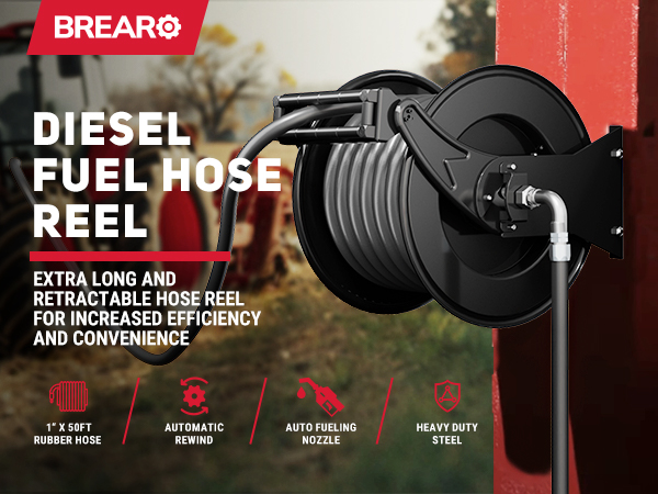 BreAro Diesel Fuel Hose Reel with a 1" x 50ft rubber hose for diesel fueling. Features automatic rewind, auto fueling nozzle, and heavy-duty steel construction. Ideal for agricultural and industrial use.