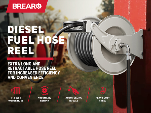 BreAro 1" x 50ft diesel fuel hose reel with auto rewind, rubber hose, steel frame, and fueling nozzle, mounted on wall in agricultural field with red tractor in background.