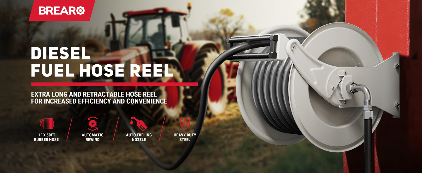 BreAro 1" x 50ft diesel fuel hose reel with auto rewind, rubber hose, steel frame, and fueling nozzle, mounted on wall in agricultural field with red tractor in background.