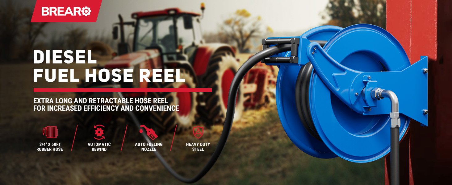 BreAro 3/4" x 50ft diesel fuel hose reel with auto rewind, rubber hose, fueling nozzle, and heavy-duty steel mount, shown in a farm setting with a tractor.