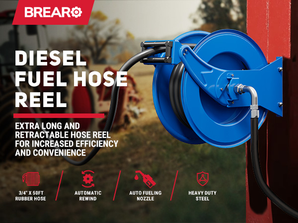 BreAro 3/4" x 50ft diesel fuel hose reel with auto rewind, rubber hose, fueling nozzle, and heavy-duty steel mount, shown in a farm setting with a tractor.