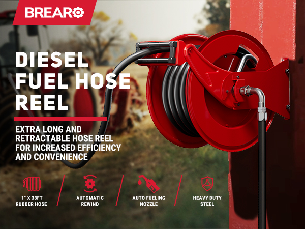 Banner image of BreAro diesel fuel hose reel with 33ft rubber hose, automatic rewind system, auto fueling nozzle, and heavy-duty steel design for efficient long-distance refueling.