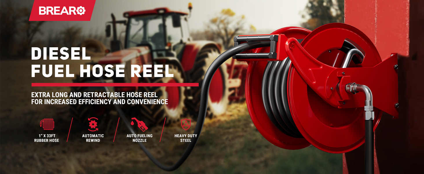 Banner image of BreAro diesel fuel hose reel with 33ft rubber hose, automatic rewind system, auto fueling nozzle, and heavy-duty steel design for efficient long-distance refueling.