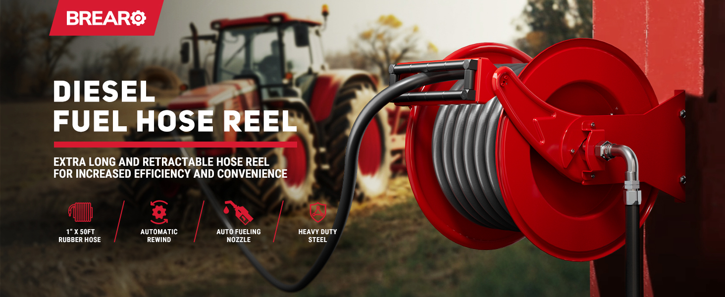 BreAro diesel fuel hose reel with 50FT rubber hose, automatic rewind, fueling nozzle, and heavy-duty steel build, ideal for efficient long-distance fueling on farms or work sites.