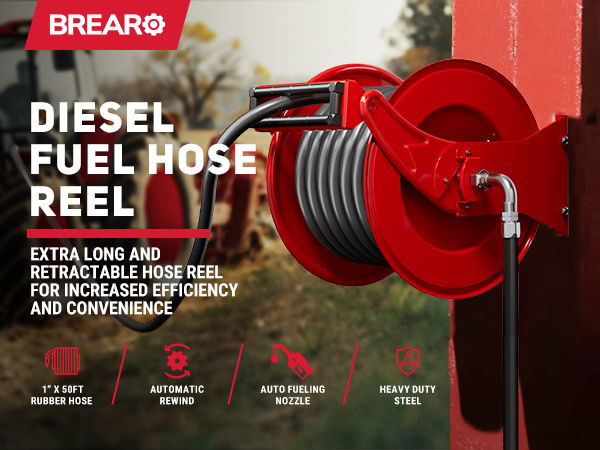BreAro diesel fuel hose reel with 50FT rubber hose, automatic rewind, fueling nozzle, and heavy-duty steel build, ideal for efficient long-distance fueling on farms or work sites.