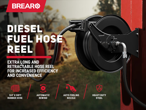 BreAro diesel fuel hose reel with automatic rewind mounted outdoors, shown beside a tractor in a farm setting. Features 3/4" x 50ft rubber hose, steel build, and auto fueling nozzle.