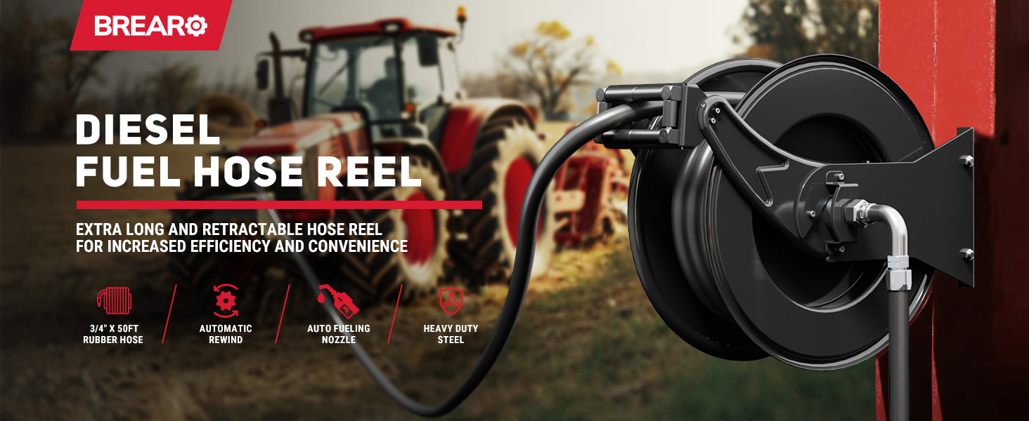 BreAro diesel fuel hose reel with automatic rewind mounted outdoors, shown beside a tractor in a farm setting. Features 3/4" x 50ft rubber hose, steel build, and auto fueling nozzle.