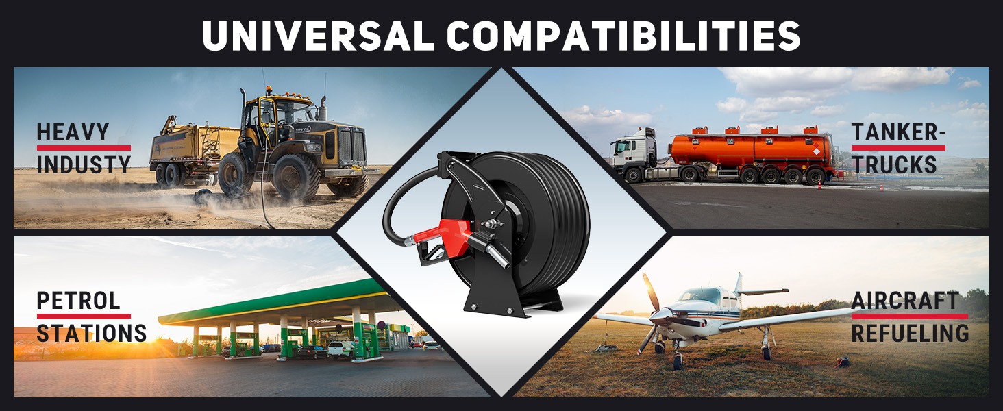 BreAro diesel fuel hose reel shown compatible with heavy machinery, tanker trucks, petrol stations, and aircraft refueling, highlighting versatile industrial and commercial applications.