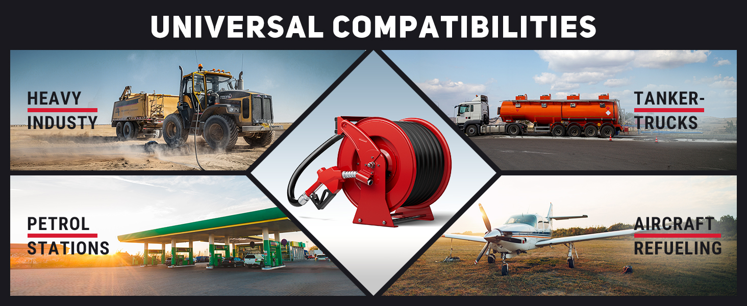 BreAro diesel hose reel compatible with heavy industry, tanker trucks, aircraft refueling, and petrol stations; ideal for long-range fueling across multiple commercial environments.