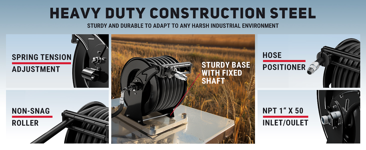 BreAro 1" x 50ft Fuel Hose Reel with adjustable spring tension, non-snag rollers, and sturdy construction. Includes hose positioner and NPT 1" x 50 inlet/outlet, designed for heavy-duty use.