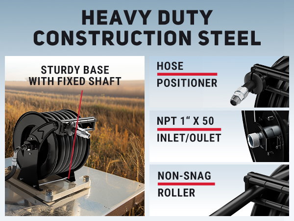 BreAro 1" x 50ft Fuel Hose Reel with adjustable spring tension, non-snag rollers, and sturdy construction. Includes hose positioner and NPT 1" x 50 inlet/outlet, designed for heavy-duty use.
