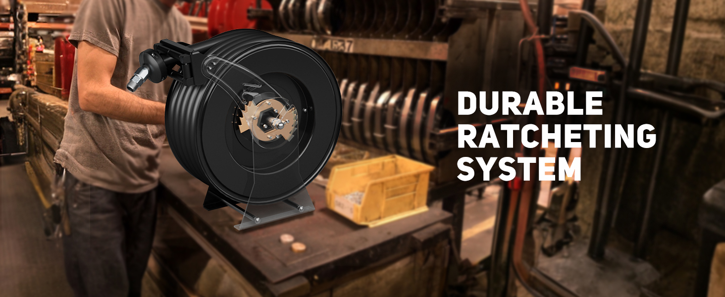 BreAro diesel fuel hose reel with exposed durable ratcheting lock system, shown in an industrial workshop setting, designed for secure length control and long-lasting performance.