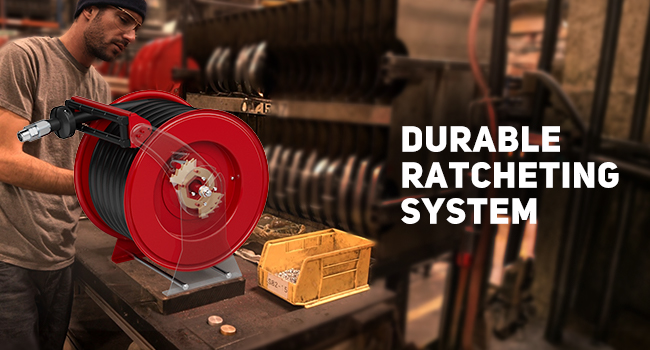 BreAro diesel fuel hose reel with durable ratcheting system, designed for secure hose positioning and safe operation in industrial workshops or manufacturing environments.