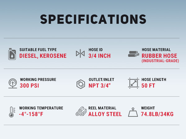 BreAro diesel fuel hose reel specs: 3/4" ID, 50 ft length, 300 PSI, NPT 3/4" inlet/outlet, rubber hose, alloy steel reel, suitable for diesel and kerosene, temp range -4°F to 158°F.