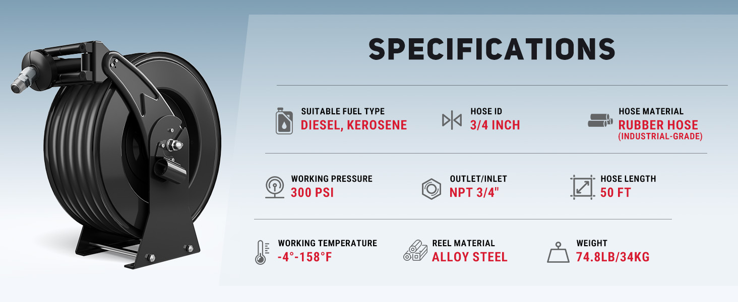 BreAro diesel fuel hose reel specs: 3/4" ID, 50 ft length, 300 PSI, NPT 3/4" inlet/outlet, rubber hose, alloy steel reel, suitable for diesel and kerosene, temp range -4°F to 158°F.