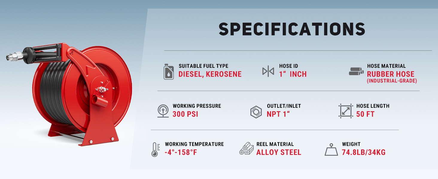 BreAro diesel hose reel specifications: 1" ID, 50FT length, 300 PSI pressure, NPT inlet/outlet, alloy steel reel, industrial-grade rubber hose, and -4°F to 158°F temperature range.