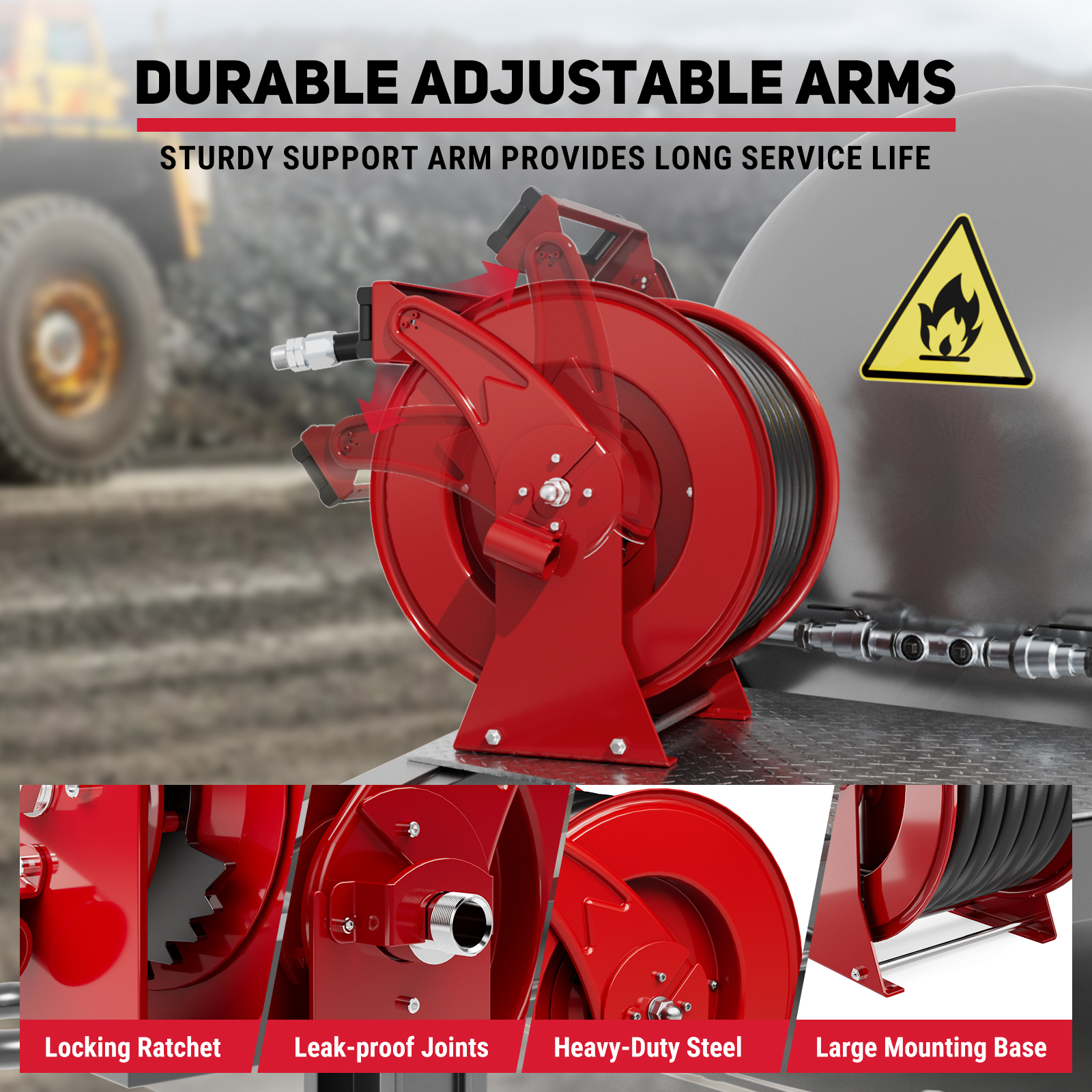 BreAro Red Retractable Fuel Hose Reel with durable adjustable arms, locking ratchet, leak-proof joints, and heavy-duty steel construction. Designed for long service life and easy installation in industrial settings.