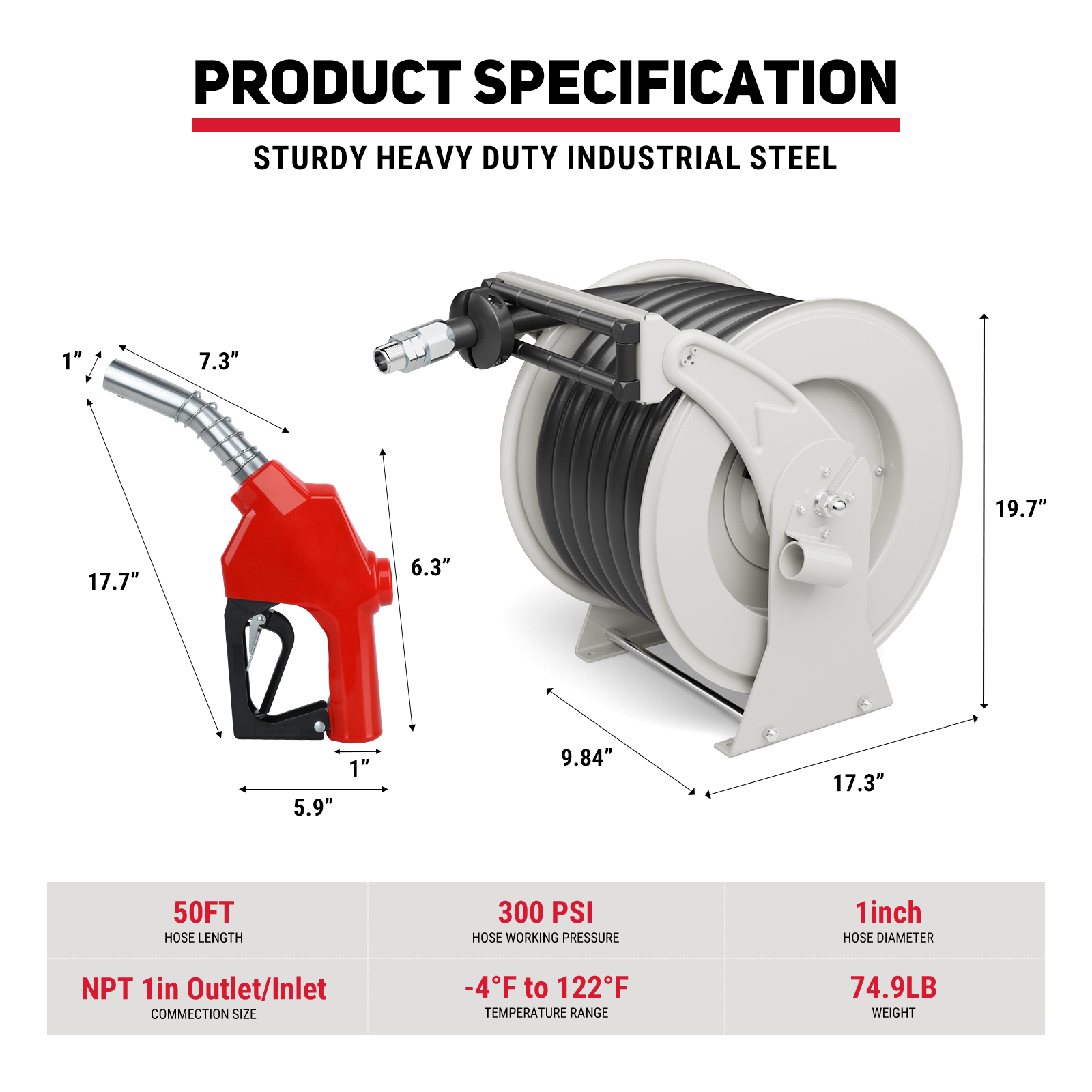 Product specifications for BreAro 1" x 50ft fuel hose reel with dimensions, nozzle size, NPT 1in inlet/outlet, 300 PSI max pressure, temperature range of -4°F to 122°F, and 74.9 lb total weight.