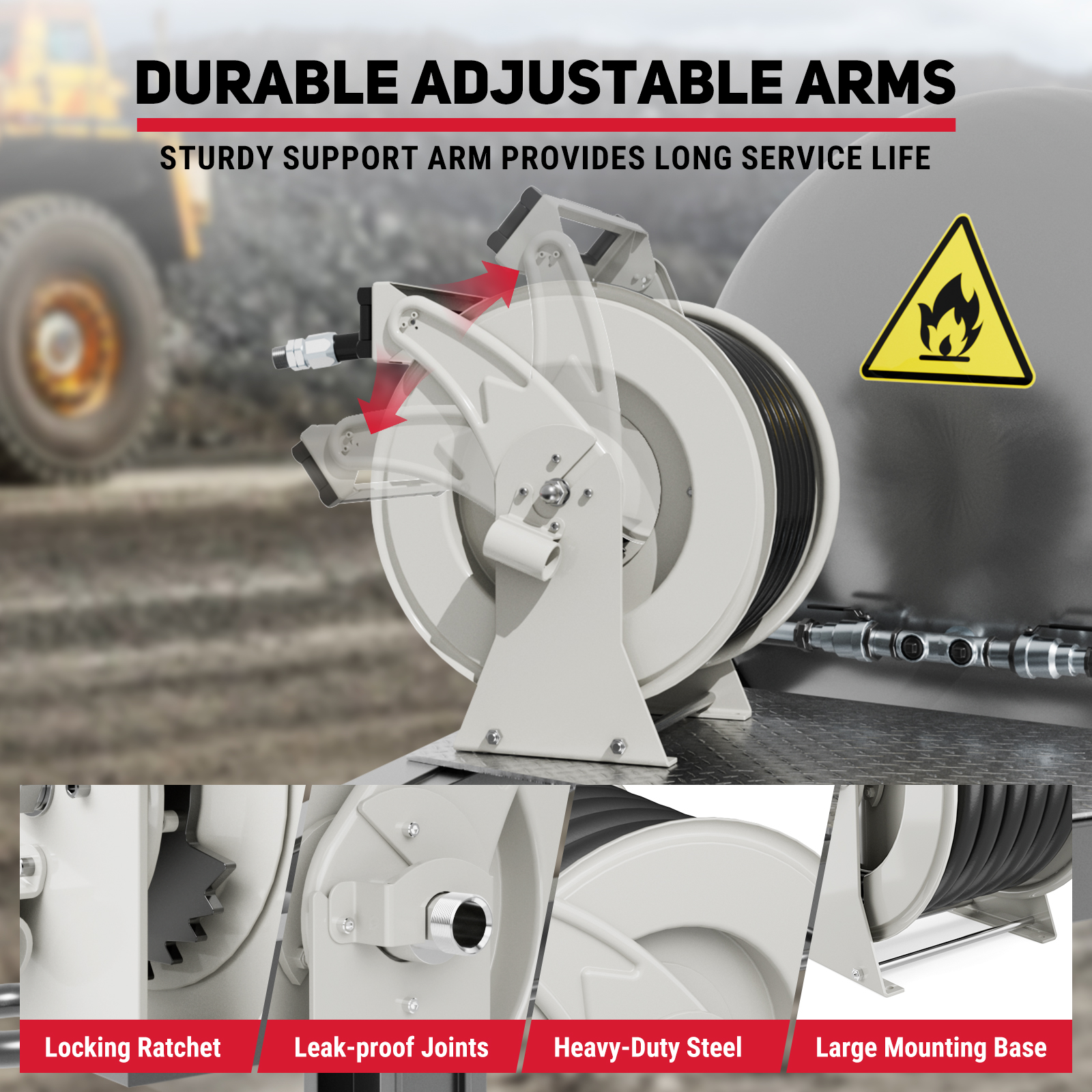 BreAro fuel hose reel with durable adjustable arms, locking ratchet system, leak-proof joints, heavy-duty steel frame, and wide mounting base for industrial diesel and kerosene refueling operations.