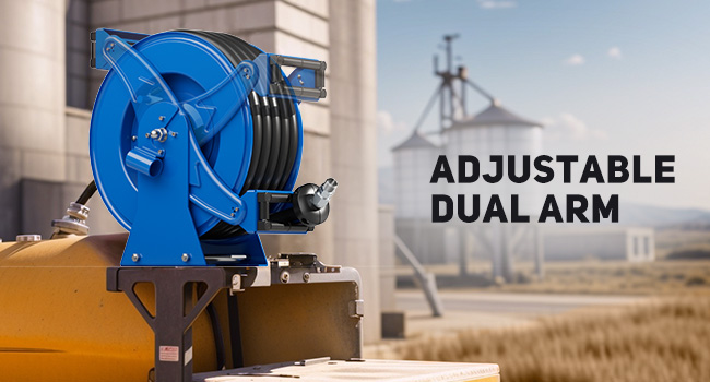 BreAro fuel hose reel with adjustable dual-arm mounting system for stable installation and flexible positioning in industrial or agricultural fueling setups.