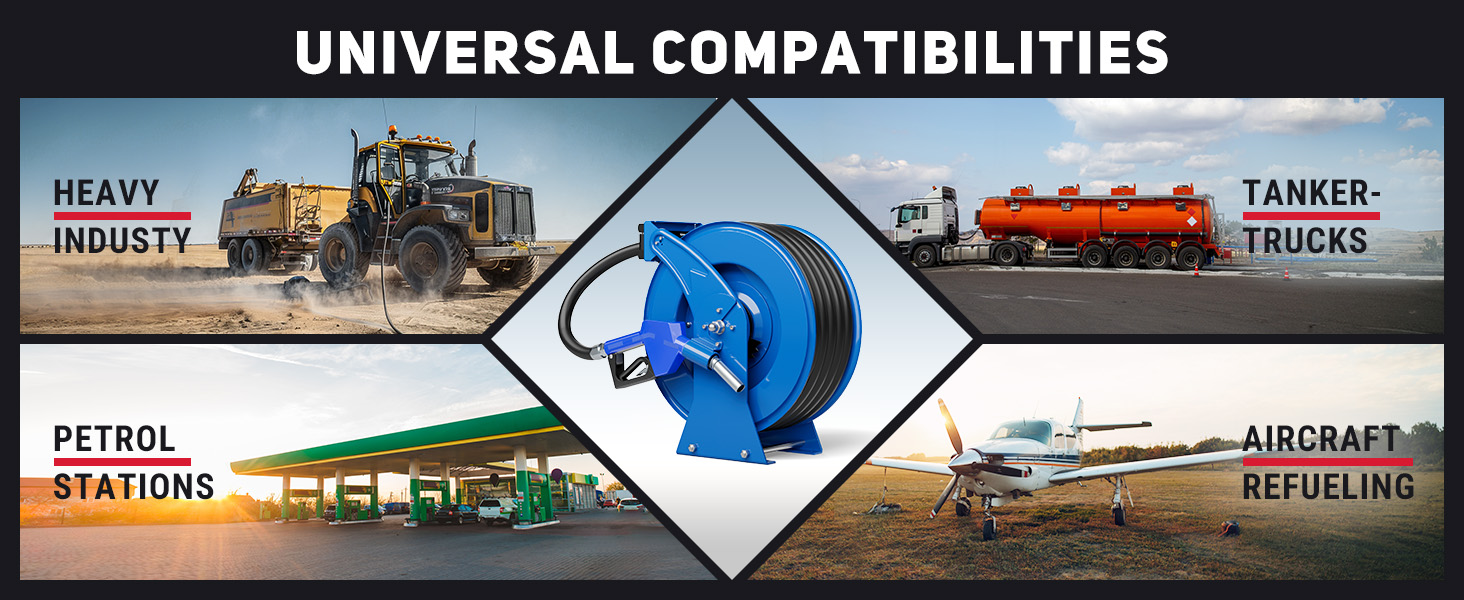 BreAro fuel hose reel compatible with heavy industry, tanker trucks, petrol stations, and aircraft refueling; ideal for diesel and kerosene in various industrial environments.