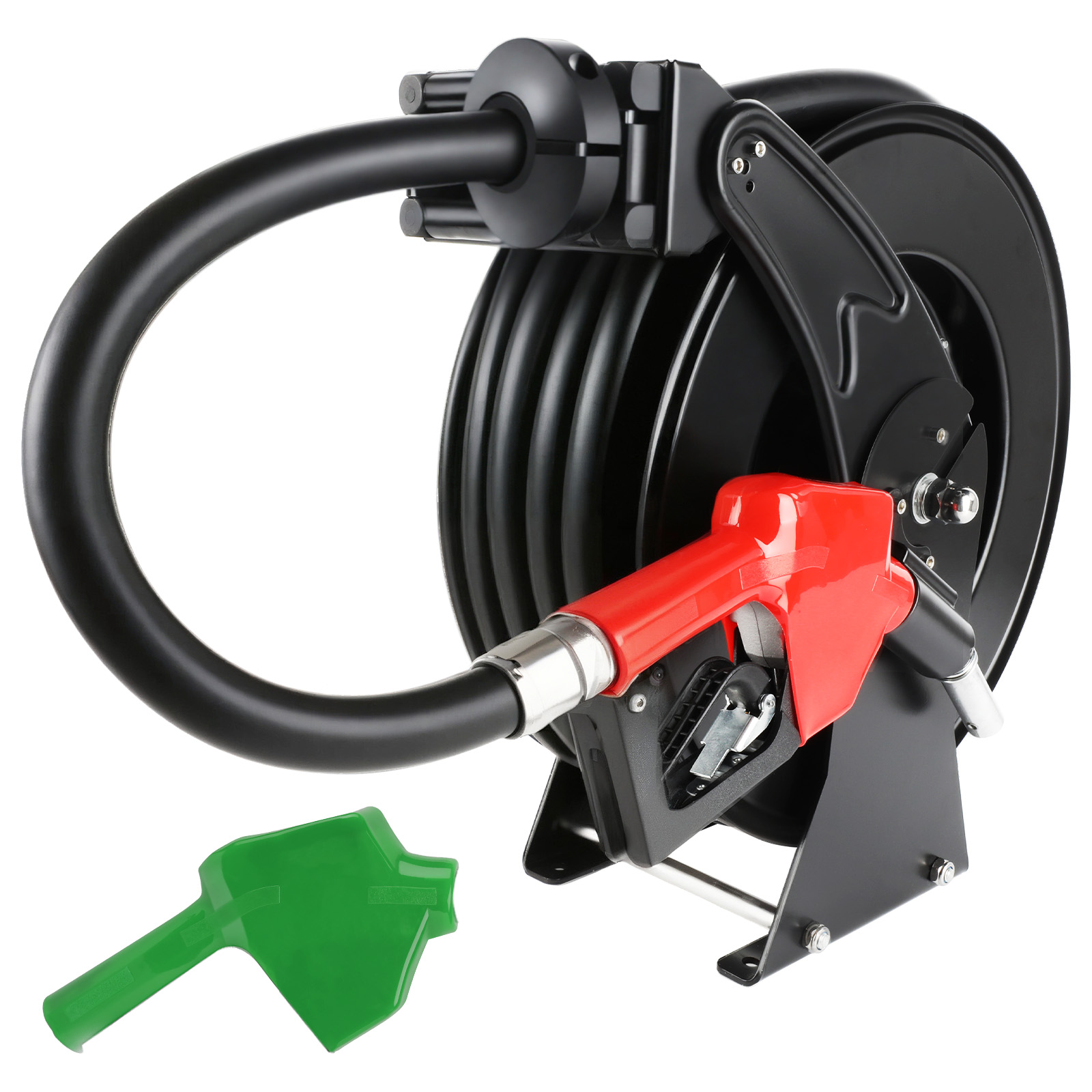 BreAro 3/4" x 50' retractable diesel fuel hose reel with red automatic nozzle and green protective cap, ideal for high-pressure fueling in industrial and agricultural environments.