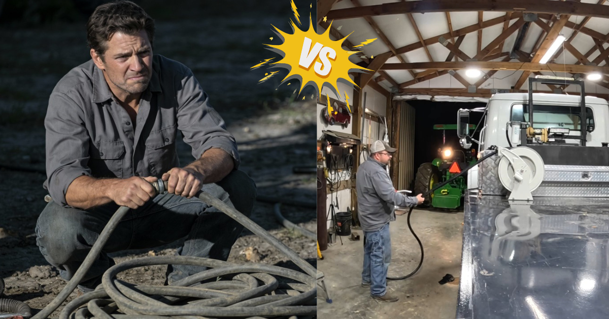 Comparison of traditional fuel hose versus Brearo spring-driven retractable  fuel hose reel for small farms - problem versus solution.