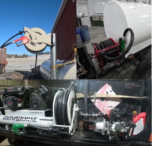 Brearo fuel hose reels installed on agricultural and industrial fuel tanks, showcasing real-world customer applications for fuel transfer solutions.