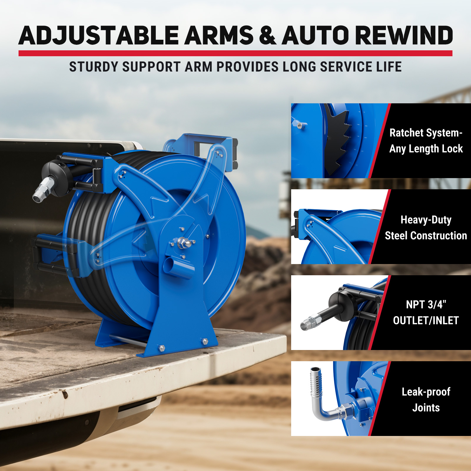 BreAro fuel hose reel with auto rewind, adjustable support arms, ratchet locking system, NPT 3/4" inlet/outlet, heavy-duty steel frame, and leak-proof joints for long-lasting diesel fueling performance.