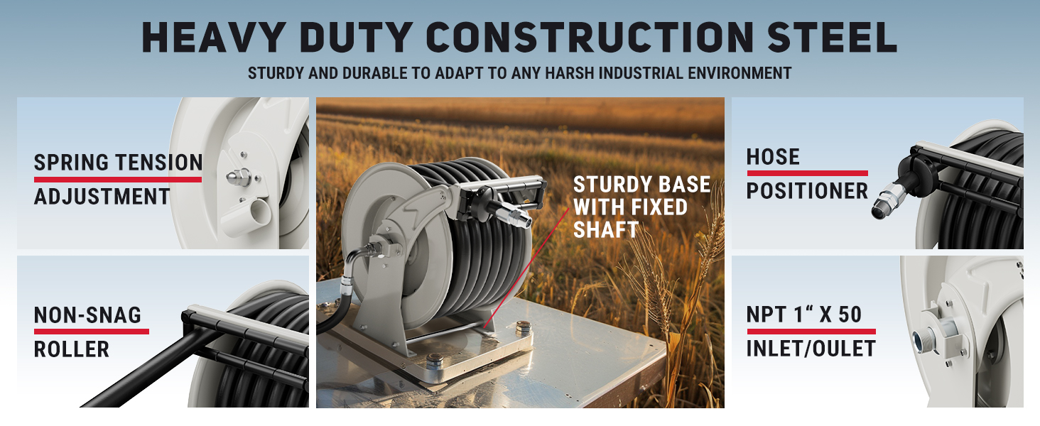 BreAro fuel hose reel with heavy-duty steel base, spring tension adjustment, hose positioner, non-snag roller, and NPT 1" x 50 inlet/outlet for industrial diesel fueling.