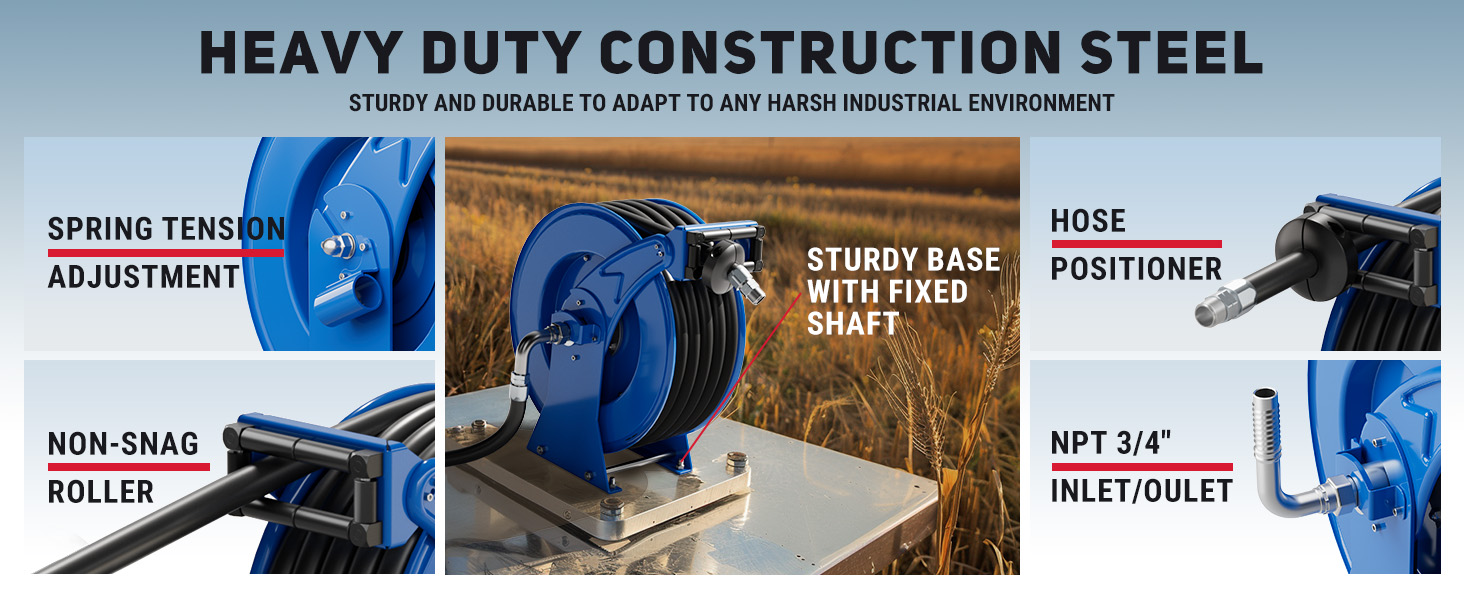 BreAro fuel hose reel with heavy-duty steel body, spring tension adjustment, non-snag roller, hose positioner, sturdy fixed base, and NPT 3/4" inlet/outlet for industrial fueling.