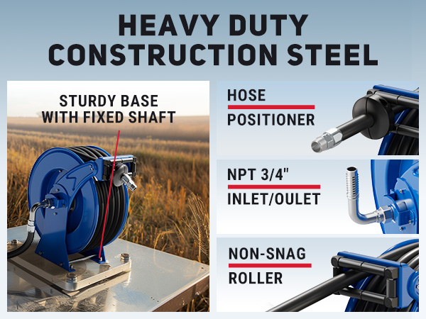 BreAro fuel hose reel with heavy-duty steel body, spring tension adjustment, non-snag roller, hose positioner, sturdy fixed base, and NPT 3/4" inlet/outlet for industrial fueling.